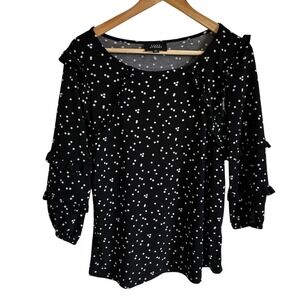 Fifty Street Polka Dot Ruffle‎ Trim Blouse 3/4 Sleeve Top Size M